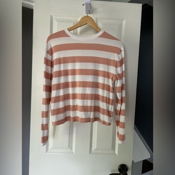 A New Day Women’s Striped Long Sleeve Shirt Peach Rust White Stretch Top Small S - Picture 1 of 4